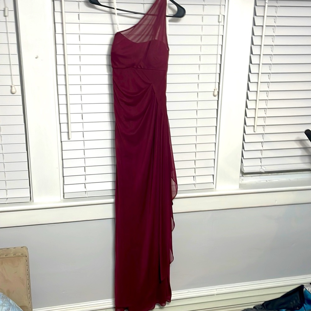 Burgundy/ maroon one shoulder asymmetric floor length dress